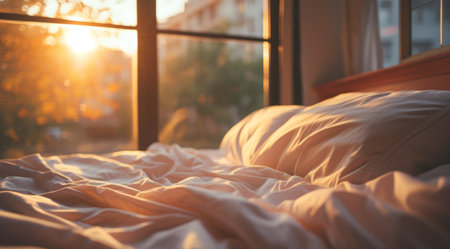 a white bed in front of a large window.の素材