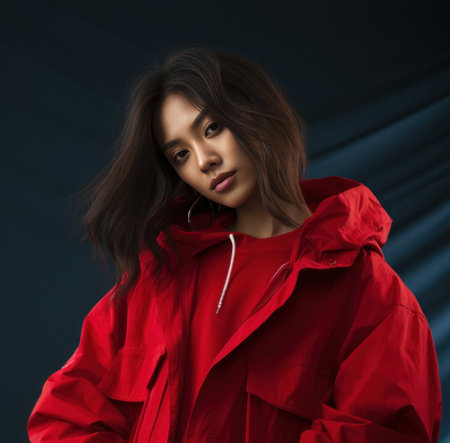 a young Asian woman with a red jacket posing on a red background.の素材