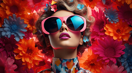 a young woman wearing sunglasses on top of flowers.の素材