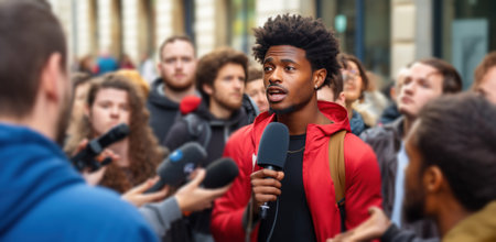 a young black man with microphones talking to a crowd.の素材