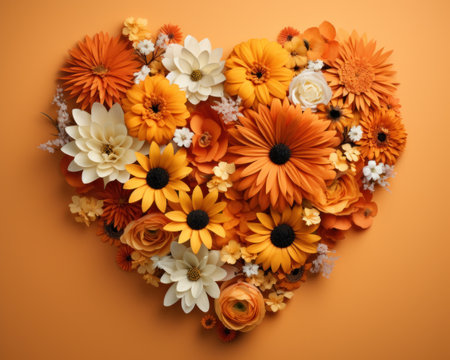 an orange background has flowers arranged in a heart shape on it.の素材