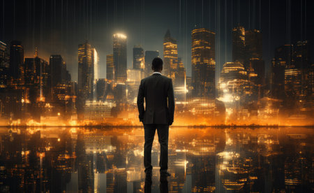 a young businessman standing in the reflection of big city lights.の素材