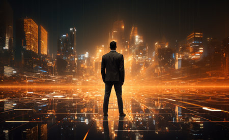 a young businessman standing in the reflection of big city lights.の素材