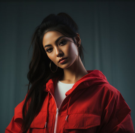 an Asian woman in a red jacket is posing for a photo.の素材
