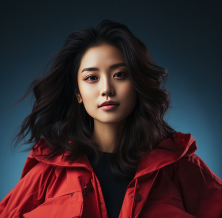 an Asian woman in a red jacket is posing for a photo.の素材