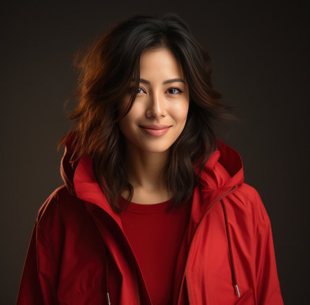 an Asian woman in a red jacket is posing for a photo.の素材