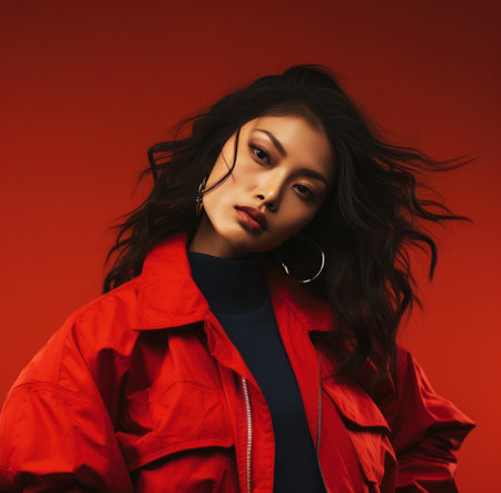 a young Asian woman with a red jacket posing on a red background.の素材