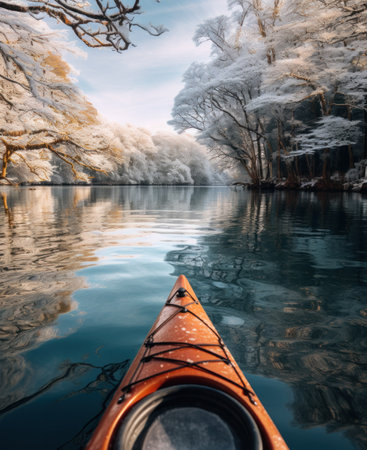 an attractively decorated kayak is floating past snow covered trees in a lake.の素材