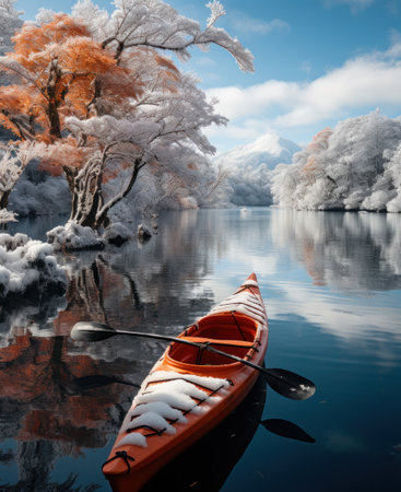 an attractively decorated kayak is floating past snow covered trees in a lake.の素材