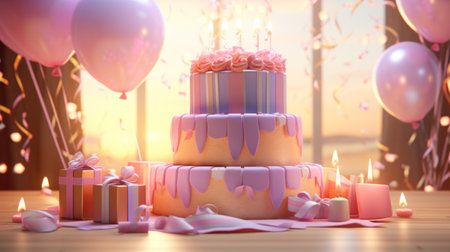 a birthday cake is displayed with lit candles on top.の素材