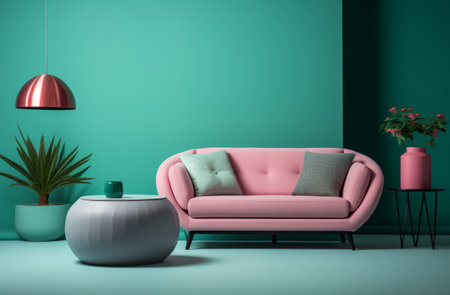 a room with green walls and white furniture.の素材