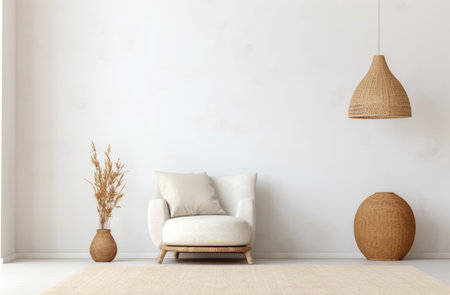 white room concept with floor lamp and wicker pouffe stock.の素材