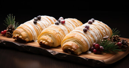 christmas gin flavored pastries roll with pine cones and christmas ornaments.の素材
