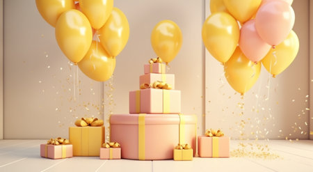 birthday cake in a room with gift boxes and balloons.の素材
