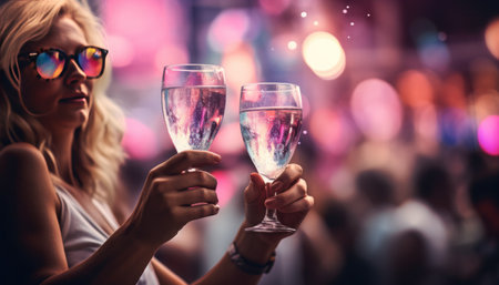 blond woman hands with pink cocktails holding glasses.の素材