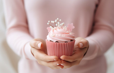 cupcake on a wooden table next to gifts and pink flowers.の素材