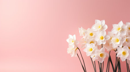 colorful narcissus flowers on a pink background.の素材