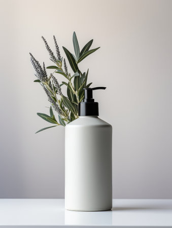 scented lotion bottle with lavender leaves or plant.の素材