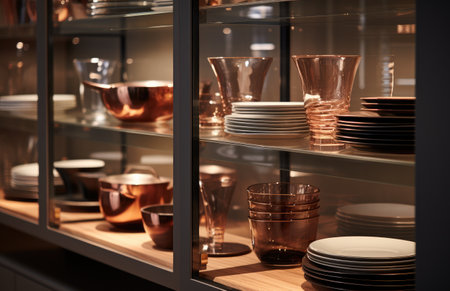 some lights illuminated dishes on display in a cabinet.の素材