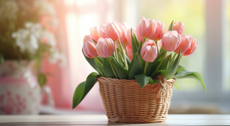 tulips in a wicker basket on a shelf.の素材