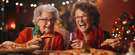 two old women celebrating christmas with a htm christmas meal.の素材