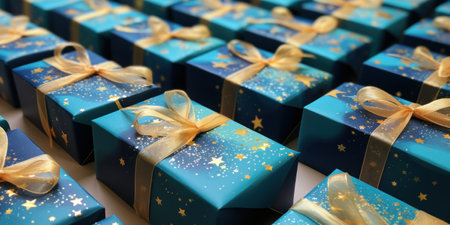 different colors of gift wrapping boxes and stars gift wrapping.の素材