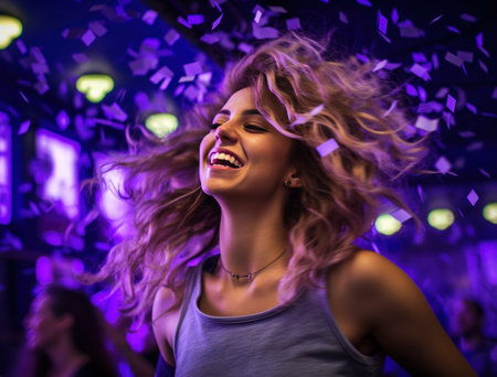 dancing woman on the dancefloor while the confetti falls up her hair.の素材