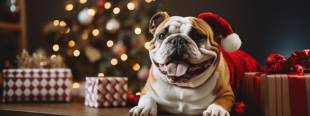 bulldog sits a near a christmas tree.の素材