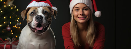 woman sits with a bulldog near a Christmas tree.の素材