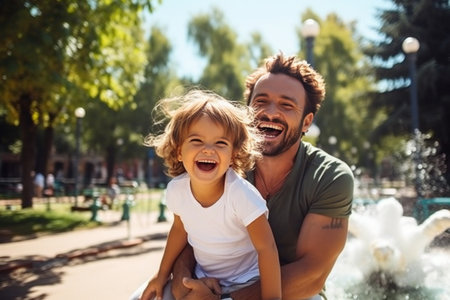 father and daughter smile and play in a park together.の素材