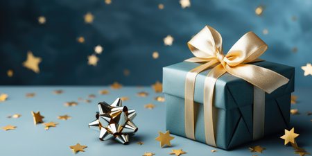 wrapped present on blue background, with stars.の素材