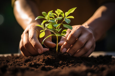 hands of a person planting a plant.の素材