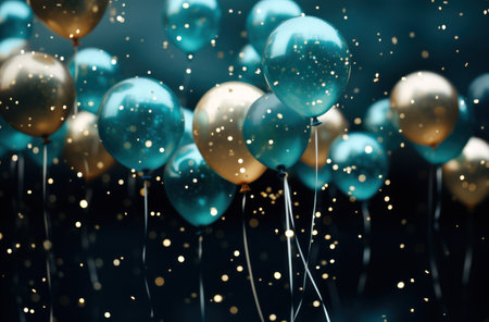 many blue balloons floating near dark background.の素材