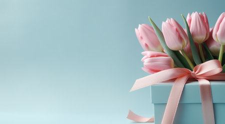 pink box with pink tulips on the blue background pink tulips.の素材