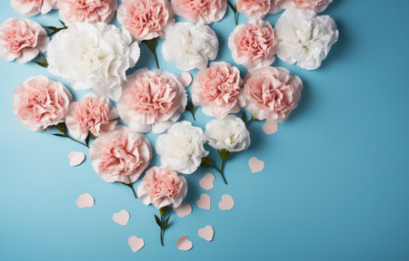 pink and white carnations are placed on top of a blue background.の素材