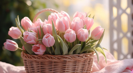 natural, simple spring time bouquet of tulips with background in a wicker basket.の素材