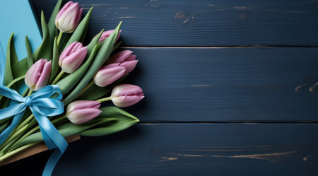 pink box with pink tulips on the blue background pink tulips.の素材
