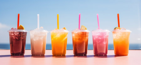 line up of iced drinks with straws in small cups.の素材