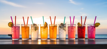 line up of iced drinks with straws in small cups.の素材