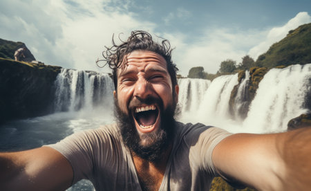 man takes selfie in front of waterfall.の素材