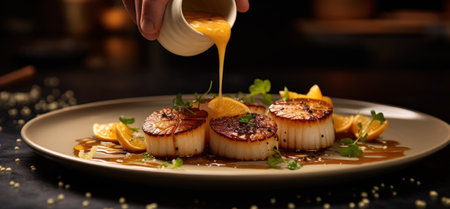 man pours some sauce over scallops on a plate.の素材