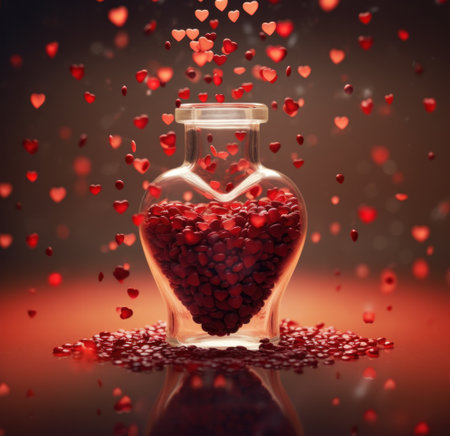 miniature heart cluster falling from a glass bottle.の素材