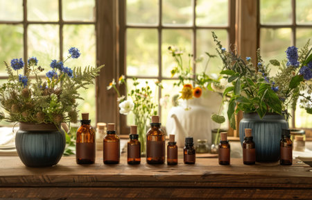 a table with various essential oils around it, brown and blue, naturalistic settings, floral, old timey, drugcore.の素材