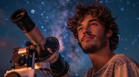 Enthusiastic stargazer with a telescope under a celestial skyの素材