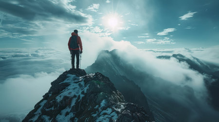 A climber stands on a mountain peak against a vivid sunriseの素材
