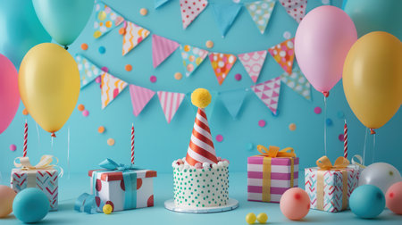 Birthday party decorations include balloons, streamers, hats, and gift boxes on minimalist blue background.の素材