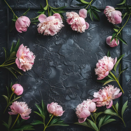 Peonies in a stunning dark-colored frame. Black floral backdrop.の素材
