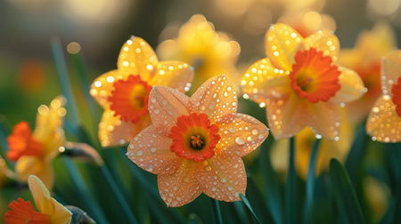 A close-up of dew-kissed daffodils, illuminated by the warm.の素材