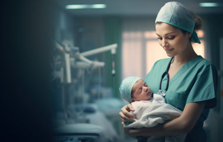 woman in white scrubs holding newborn in a hospital room.の素材