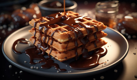 waffles on a black plate with whipped cream and caramel.の素材